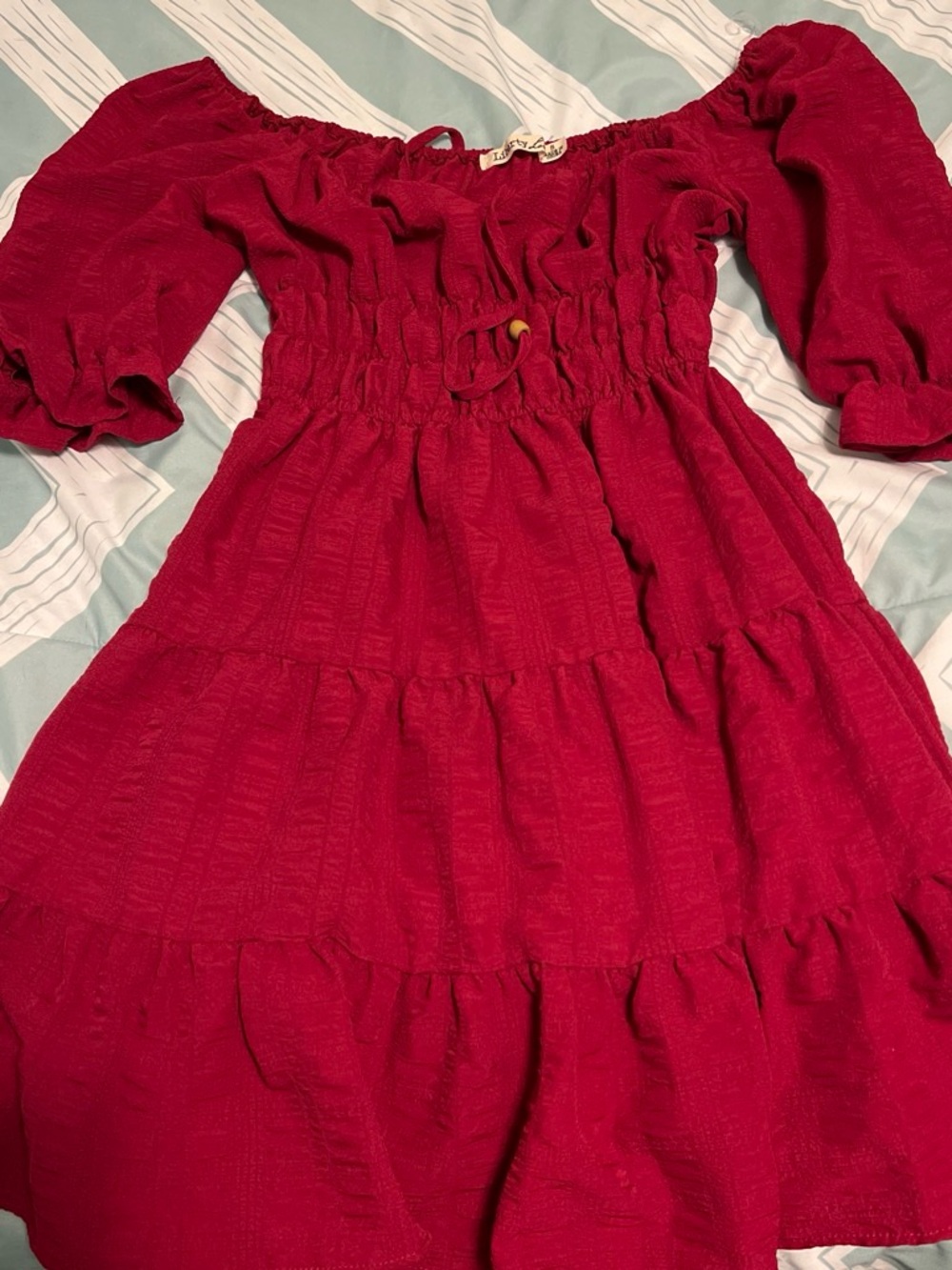 Girls Off-Shoulder Red Tiered Dress